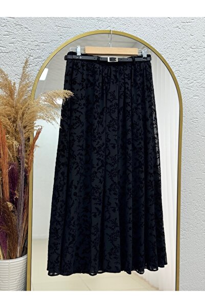 MİHRA STORE Sabiha Lined Belted Flocked Tulle Skirt-Ek752 Black