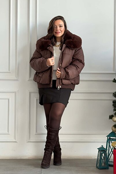 Yağmur Butik Yakası Kürklü Kısa Şişme Mont