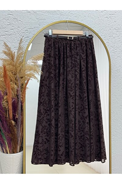 MİHRA STORE Sabiha Lined Belted Flocked Tulle Skirt-Ek752 Brown