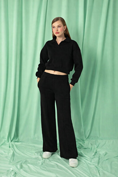 seis wear 3 İplik Sweat & Y Slit Wide Leg Tracksuit Set