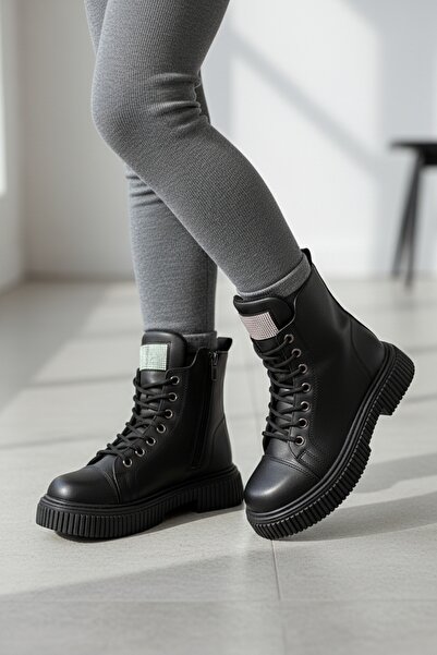 PATİK BEBE Girl's Black Matte Leather Stylish Boots with Anti-Slip Soles and ...