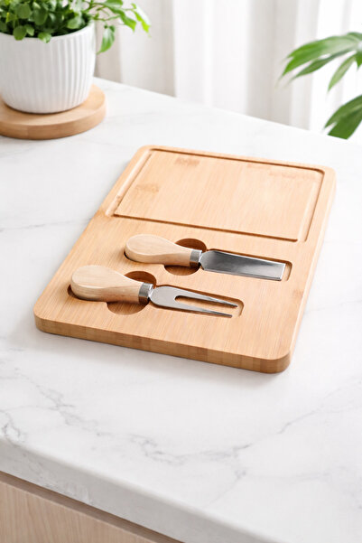 MaviRoz Şık Tasarımlı Bambu Peynir Sunum Seti | Kesme Tahtası + 3 Parça