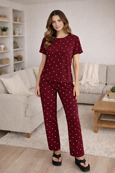 Trendalya Women's Heart Printed Short Sleeve 100% Cotton Pajamas Set