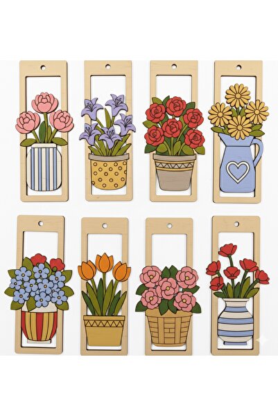 Wi Fro Ahşap Çiçekli Boyama Seti - 8 Adet 3 mm MDF çiçek görseli + 4 Tk. Akri...