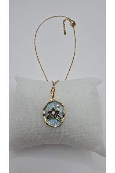 NO NAME Stainless Steel Gold Color Vintage Flower Detail Blue Enamel Pearl St...