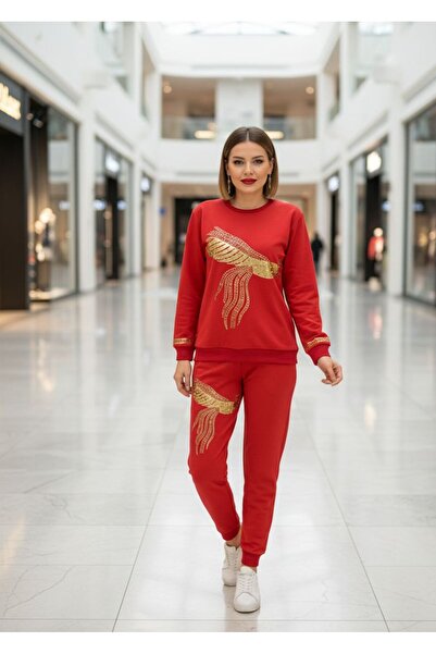 rengamoda Women's red two-tone suit with peacock embroidery