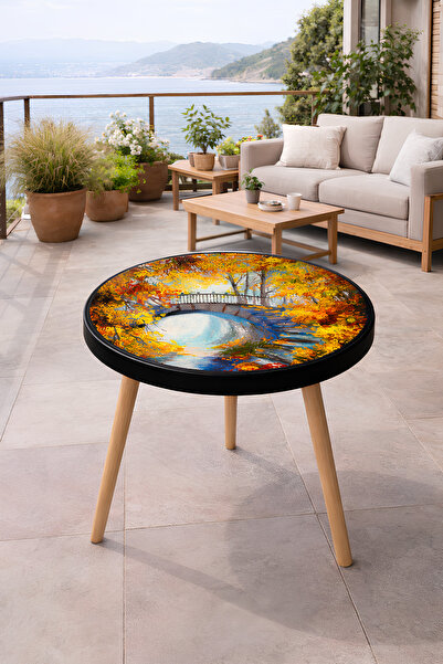 Boyut Yuvarlak Orta Sehpa 42x42 cm | Sanat Baskılı Üst Tabla, 3 Ayaklı Modern...