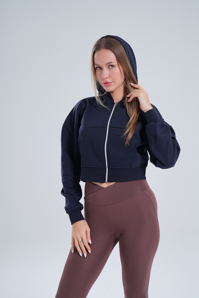 DEZZİİ Navy Blue Zippered Hooded Crop Sweat Cardigan