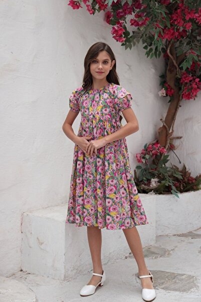 Alesaei-mondo tondo فستان زهري بطباعة ورود للبنات 7015