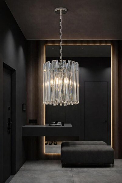 AURA LIGHTING Krom Kristal Cam Taşlı Belek Sarkıt Modern Avize