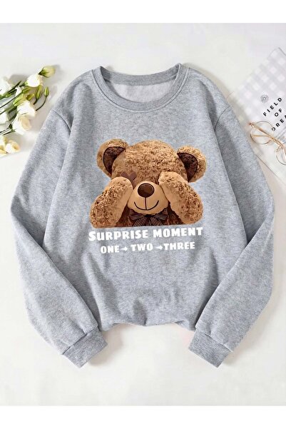 Trend Sizde Unisex Gray Surpirse Printed Hooded Sweatshirt