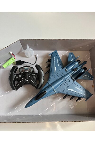 mavi su dünyası Uzaktan Kumandalı 2.4G Şarjlı Duman Atan Uçak Mavi 28 Cm