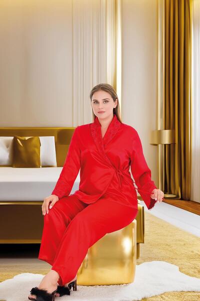 REN Γυναικείο σετ πιτζάμες από σατέν μεγάλου μεγέθους, σετ πιτζάμες από σατέν με δέσιμο μπροστά