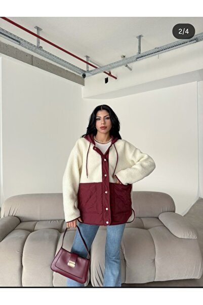 MERSİ bordo detaylı krem kapşonlu ceket