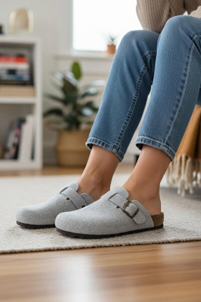 Twigy Full Orthopedic Felt Women's Comfortable and Lightweight Stylish Gray Buckle House Slippers