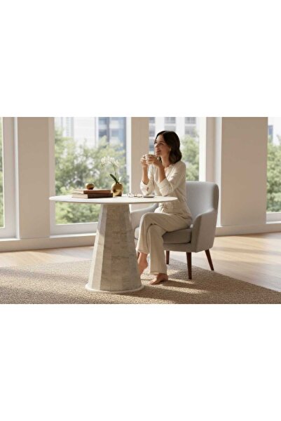 VETROWOOD Defne Masa Traverten 110 cm Çapında Sabit Yuvarlak Masa