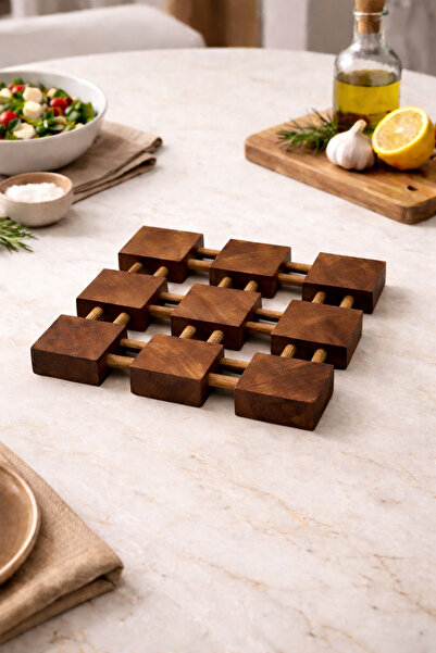 Üreet Wooden Cube Trivet 18X18 cm Heat Resistant Pot Holder (Walnut)