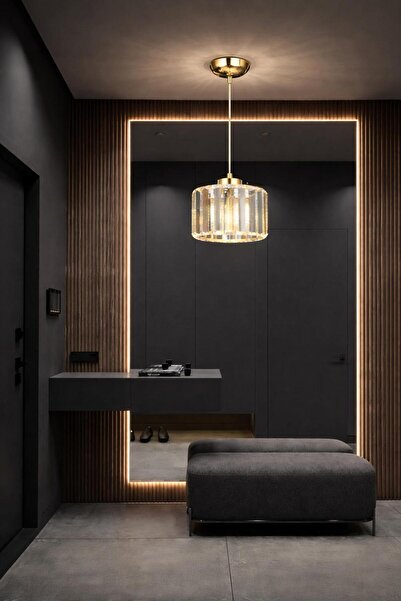 AURA LIGHTING Gold Cam Taşlı Sarkıt Modern Avize