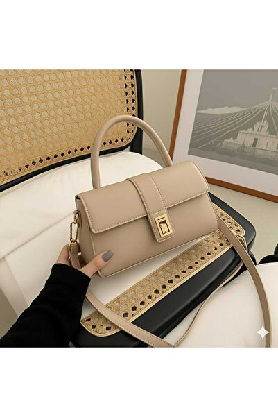 METEBAGS Bej Çapraz Askılı Suni Deri Kadın El & Omuz Çantası