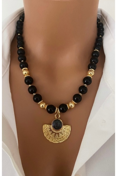 TARZ-I TAKI Natural Stone Black 8 -10 mm Onyx Stone Special End Design Necklace