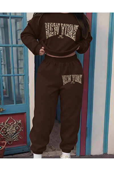 Mayer Butik Women's New York Leopard Custom Printed Color Oversized Hooded Bottom Top Cotton Tracksuit Set