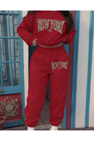 Mayer Butik Women's New York Leopard Custom Printed Color Oversized Hooded Bottom Top Cotton Tracksuit Set