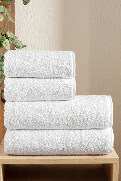 DNZGÜLCAN 4-Piece White 100% Cotton Bath Towel Set - 2 Pieces 70X140, 2 Pieces 50X90, Spa and Hotel Towels, Grammage (Weight)