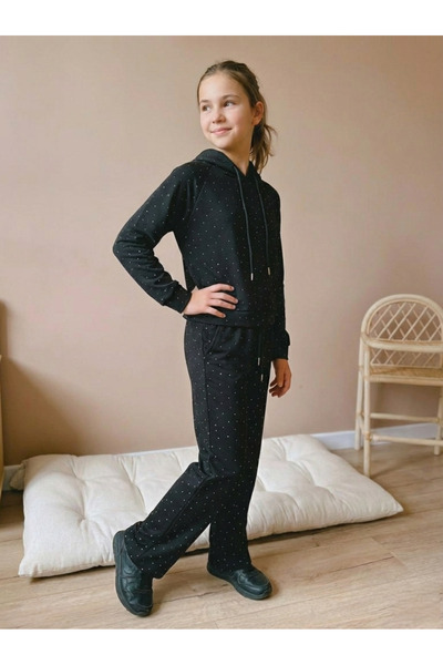 inebolu kids Girl's Full Bead Stone Detailed Hooded Sweat Tracksuit Set