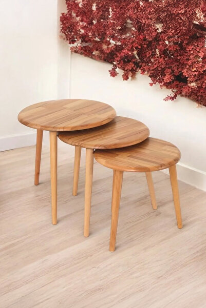 BAUPOR Yuvarlak Masif Doğal 3'lü Zigon Sehpa Set, Modern Masif Yan Sehpa