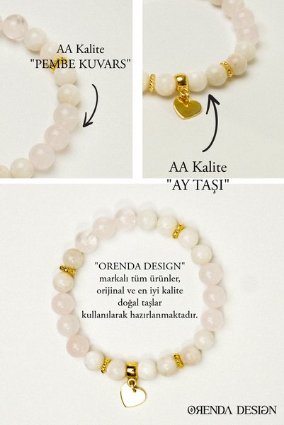 Orenda Design Pink Quartz, Moonstone, Heart Symbol Natural Stone Bracelet – Love, Compassion & Emotional Balance