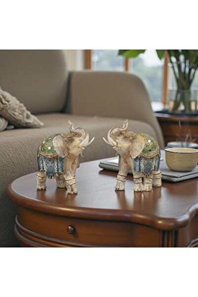 ELSELİFE Lüks Ayna ve Nakış İşlemeli Feng Shui 2’li Fil Biblo Seti 11 cm Ev O...