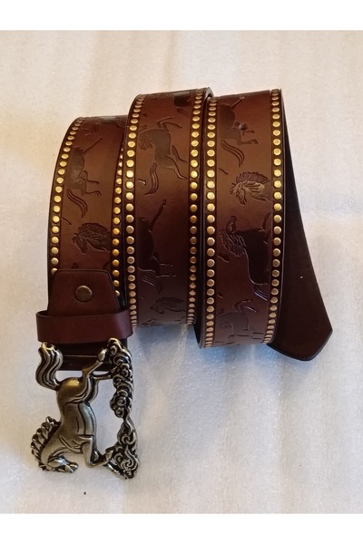 Butik Tülin حزام من الجلد الصناعي الأصلي للجنسين باللون البني مطبوع مع مشبك ر...