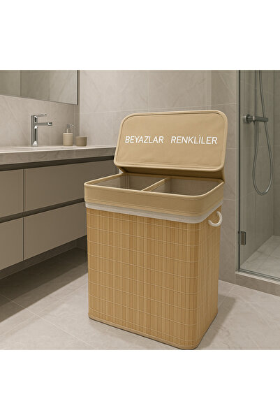 Tuğrastore Modern Bambu Beyazlar/Renkliler Ayrı Bölmeli Çamaşır Kirli Sepeti ...
