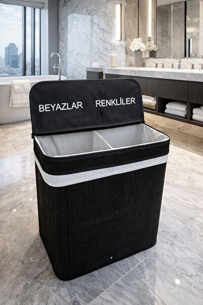 Tuğrastore Modern Bambu Beyazlar/Renkliler Ayrı Bölmeli Çamaşır Kirli Sepeti ...