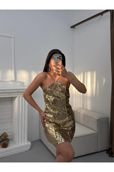 Zoom Butik Payetli Sırt Dekolte Elbise - GOLD