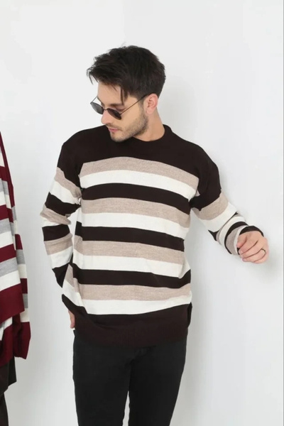 idimilla    Unisex Thick Striped Crew Neck Knitwear Sweater - Beige