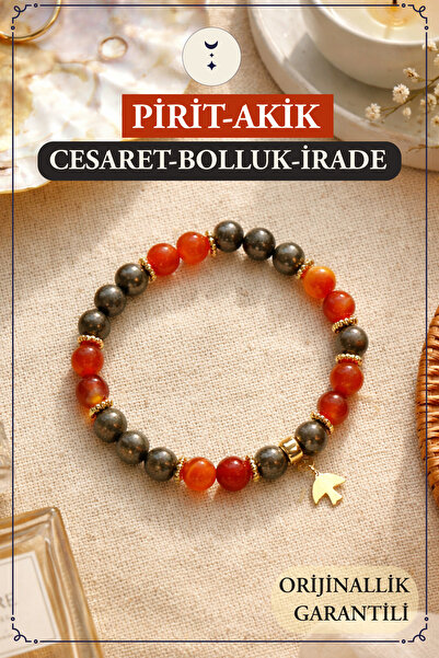 Orenda Design سوار من حجر البيريت والعقيق مع رمز الطائر |   الشجاعة والوفرة وقوة الرغبة