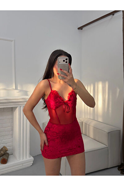 Zoom Butik Bel Şifon Askılı Elbise - KIRMIZI