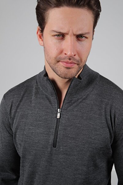 Ferraro Anthracite Half Zip Mock Neck Long Sleeve Superfine Men's Knitwear Sw...