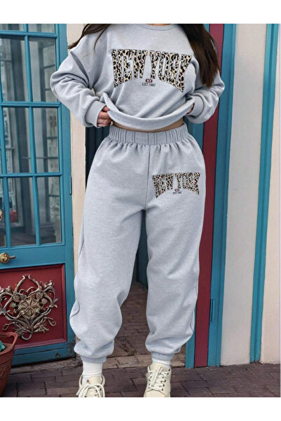 Mayer Butik Women's New York Leopard Custom Printed Color Oversized Hooded Bottom Top Cotton Tracksuit Set