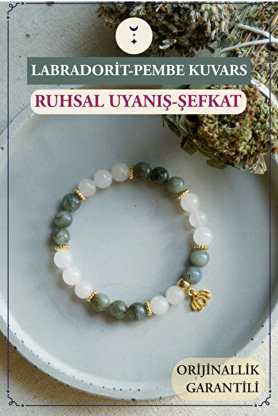 Orenda Design سوار من حجر اللابرادوريت والكوارتز الوردي الطبيعي مع رمز اللوتس - للتنوير الروحي وطاقة الرحمة