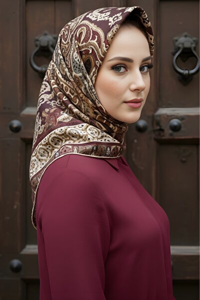 İmajButik Coffee/Burgundy İpekhan Soft Digital Cotton Scarf