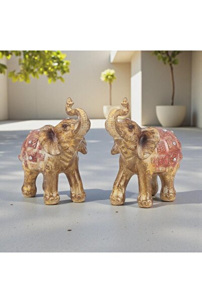 ELSELİFE Lüks İşlemeli Taşlı Renkli Feng Shui 2’li Fil Biblo Seti 9 cm Dekora...