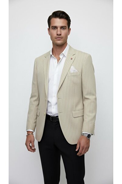 Plus Scorpion Men's Camel Mono Collar Single Button Blazer Jacket – Combed Cotton Fabric, Single Slit