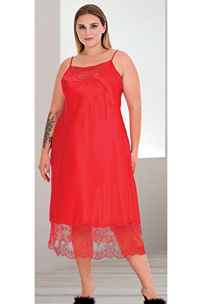 REN Γυναικείο Σετ Νυχτικό Σατέν Μεγάλου Μεγέθους, Σετ Νυχτικό Σατέν με Δαντελένια Λεπτομέρεια