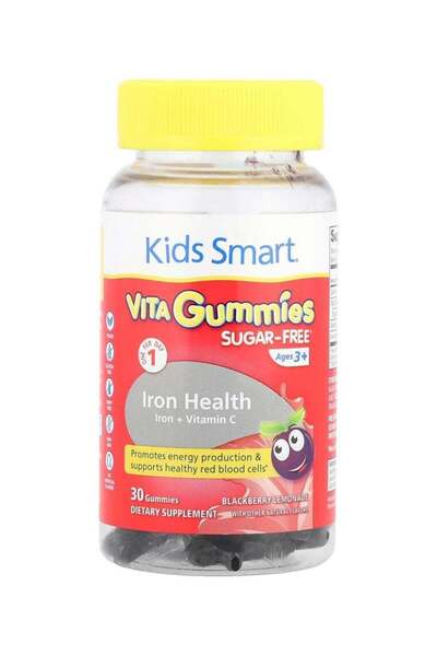 Kids Smart حديد + فيتامين سي، مناسب للأعمار من 3 سنوات فما فوق، بنكهة الليمون والتوت الأسود، 30 قطعة حلوى جيلاتينية