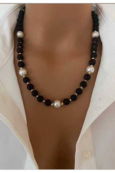 TARZ-I TAKI Natural Stone Black Lava Stone Pearl Detail Basic Necklace