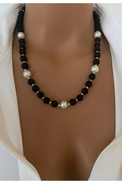 TARZ-I TAKI New Model - Natural Stone Black Lava Stone Pearl Detail Basic Women's Necklace in Gift Box