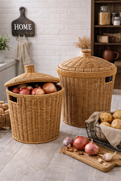 welcomein Set of 2 Rattan Potato Onion Storage Baskets with Lids – Large 27×28×27 / Small 23×24×24 cm