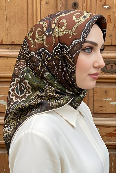 İmajButik Coffee/Green İpekhan Soft Digital Cotton Scarf